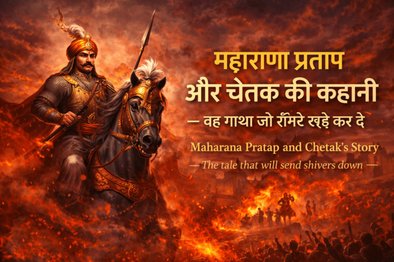 महाराणा प्रताप और चेतक की पूरी कहानी — हल्दीघाटी युद्ध का सच, घास की रोटियां, चेतक की वीरगति और मेवाड़ की अदम्य गाथा। पूरी कहानी पढ़ें!